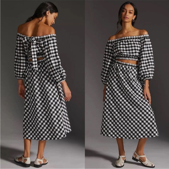 Anthropologie Dresses & Skirts - NWT Anthropologie Maeve Gingham Crop Top Midi Skirt Set Black White SIZE SMALL